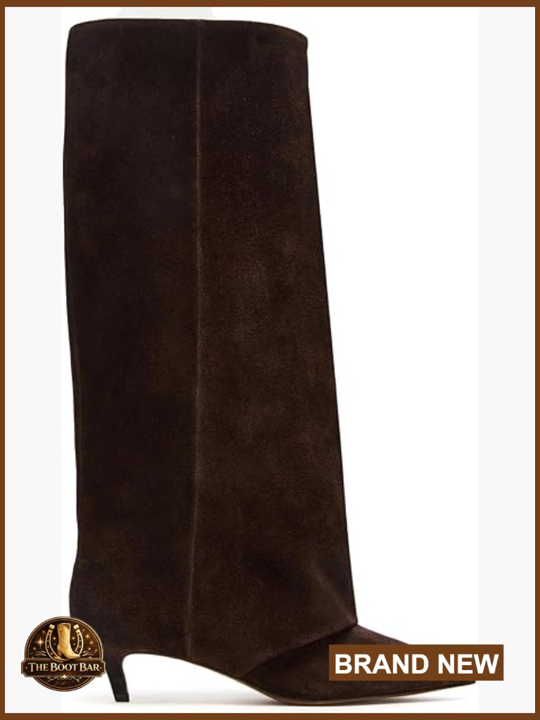 Knee High Suede Pointed Toe Boots With Kitten Heel Pull On